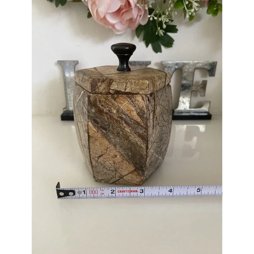 Hexagonal Stone Canister Lidded Container Trinket Box Port To Port Vintage Brown